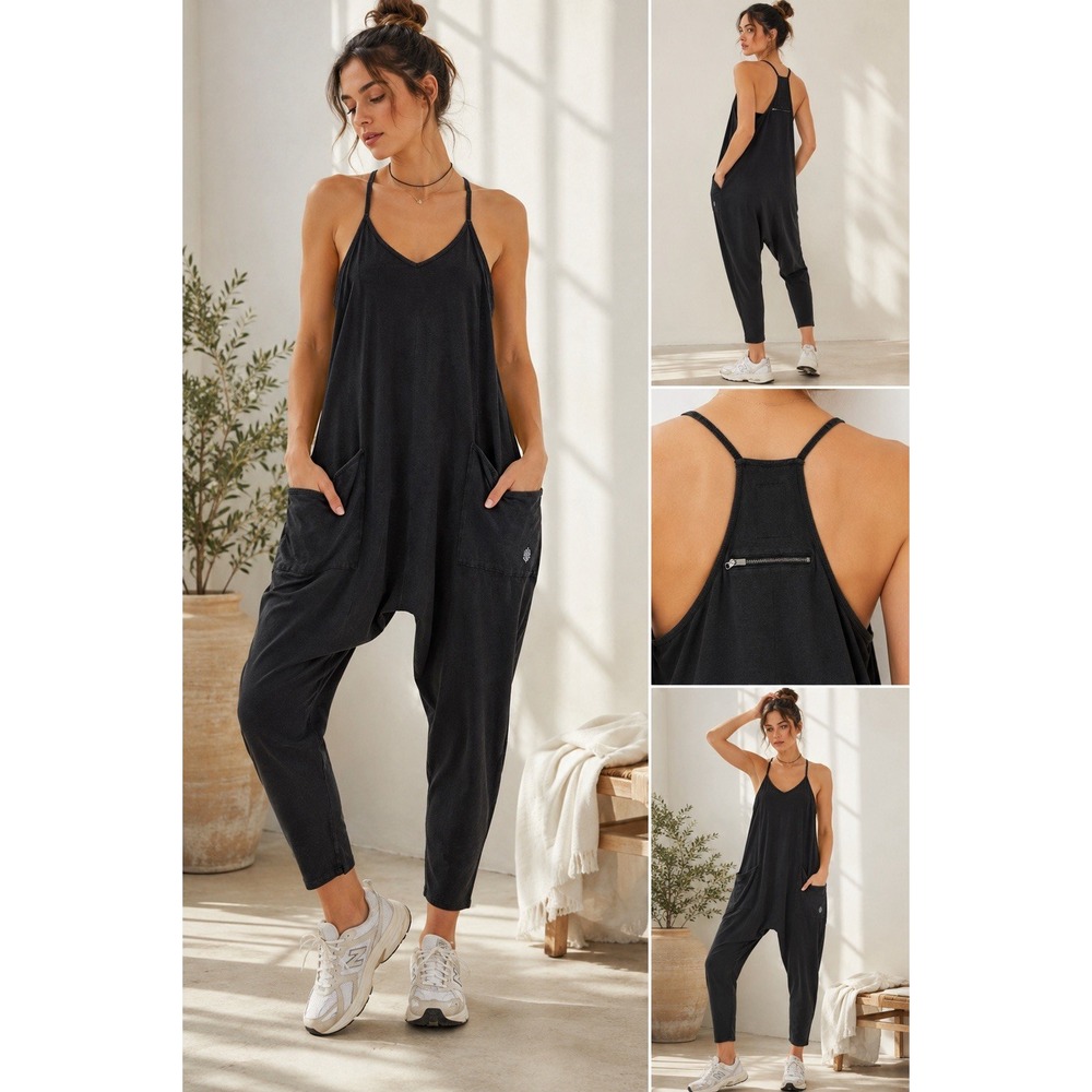 Free People Movement Jumpsuit Romper Black XS Harem Pockets Stretch NWT